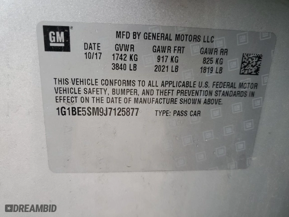 2018 Chevrolet Cruze LT with VIN 1G1BE5SM9J7125877, listed as a Copart auction lot 51832295 with 69,037 mi miles and Salvage Title. Bid and sale history available at carsss.com. Image 12.