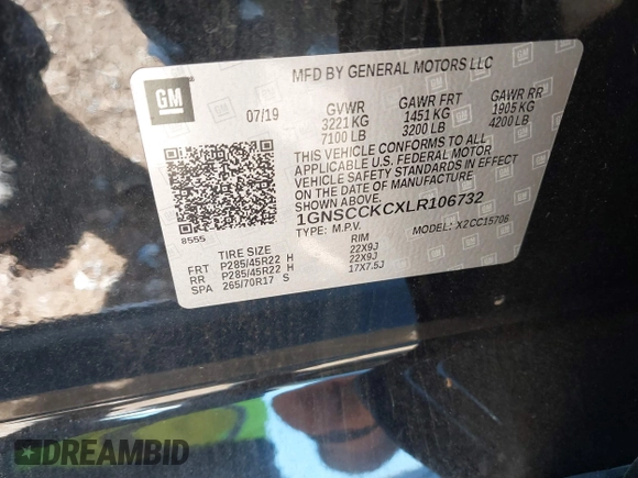 2020 Chevrolet Tahoe LTZ with VIN 1GNSCCKCXLR106732, listed as a IAAI auction lot 41486660 with Not provided miles and . Bid and sale history available at DreamBid. Image 9.