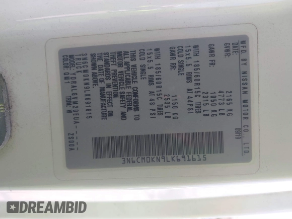 2020 Nissan NV200 S with VIN 3N6CM0KN9LK691615, listed as a IAAI auction lot 41910614 with 228,325 mi miles and . Bid and sale history available at DreamBid. Image 9.