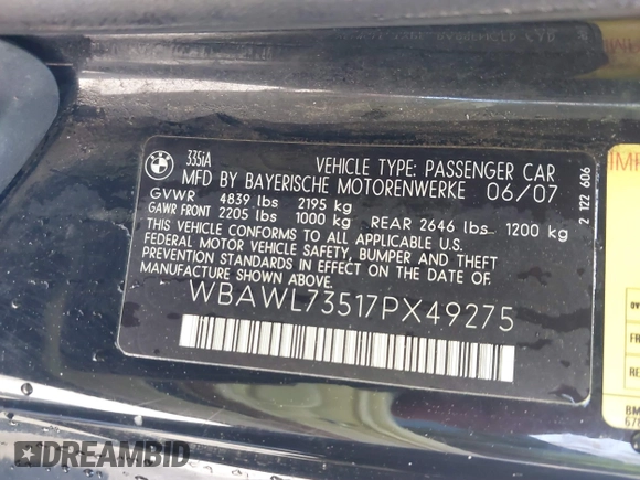 2007 BMW 3 Series 335i with VIN WBAWL73517PX49275, listed as a IAAI auction lot 41654471 with 203,928 mi miles. Bid and sale history available at carsss.com. Image 9.