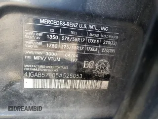 2005 Mercedes-Benz M 350 with VIN 4JGAB57E05A525053, listed as a Copart auction lot 56930405 with 189,146 mi miles and Salvage title. Bid and sale history available at DreamBid. Image 12.