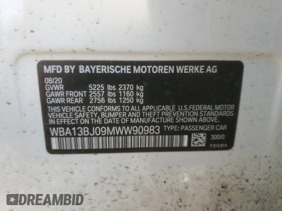 2021 BMW 5 Series 530i xDrive with VIN WBA13BJ09MWW90983, listed as a Copart auction lot 46857235 with 34,831 mi miles and Salvage Title. Bid and sale history available at carsss.com. Image 14.