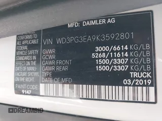 2019 Mercedes-Benz Metris Cargo with VIN WD3PG3EA9K3592801, listed as a IAAI auction lot 42048501 with 75,702 mi miles. Bid and sale history available at carsss.com. Image 9.