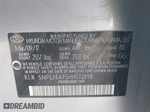 2017 Hyundai Sonata SE with VIN 5NPE24AF5HH572898, listed as a IAAI auction lot 42039023 with 50,494 mi miles and . Bid and sale history available at DreamBid. Image 9.