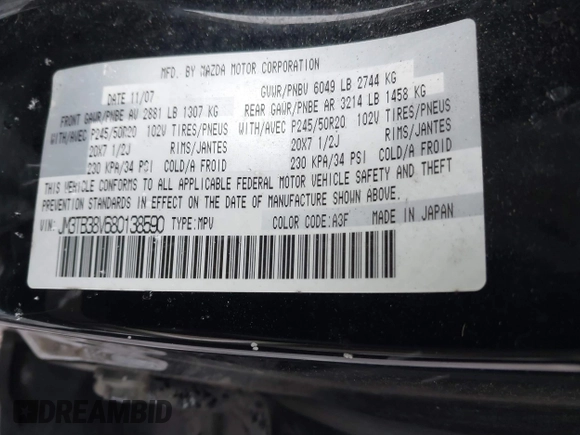 2008 Mazda CX-9 Grand Touring with VIN JM3TB38V680138590, listed as a IAAI auction lot 41344903 with 176,500 mi miles. Bid and sale history available at carsss.com. Image 9.