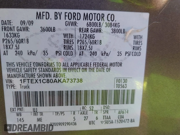 2010 Ford F-150 XL with VIN 1FTEX1C80AKA73738, listed as a IAAI auction lot 42251013 with 146,602 mi miles and . Bid and sale history available at DreamBid. Image 9.