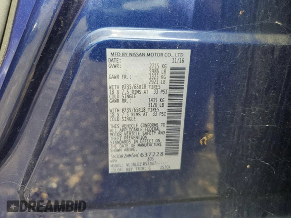 2017 Nissan Pathfinder Platinum with VIN 5N1DR2MM5HC637228, listed as a Copart auction lot 65160205 with Not provided miles and Clean title. Bid and sale history available at DreamBid. Image 13.