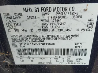 2006 Ford F-150 XL with VIN 1FTRF14W96NB11538, listed as a IAAI auction lot 42013086 with 94,972 mi miles. Bid and sale history available at carsss.com. Image 9.