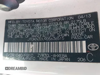 2013 Toyota Prius One with VIN JTDKN3DU9D5636515, listed as a IAAI auction lot 41505799 with 184,600 mi miles. Bid and sale history available at carsss.com. Image 9.