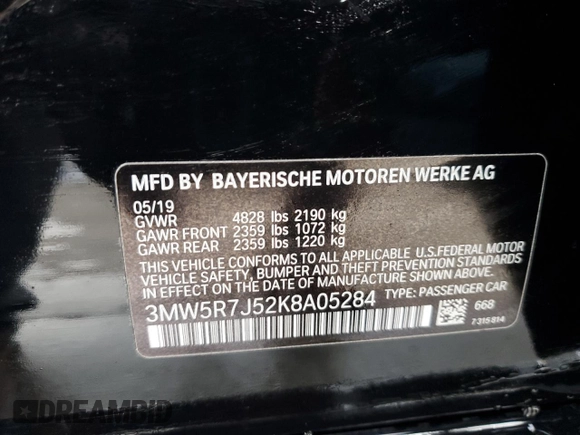 2019 BMW 3 Series 330i xDrive with VIN 3MW5R7J52K8A05284, listed as a Copart auction lot 82251444 with 29,379 mi miles and Salvage Title. Bid and sale history available at DreamBid. Image 12.