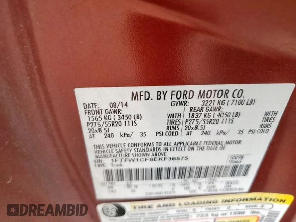 2014 Ford F-150 XL with VIN 1FTFW1CF8EKF36575, listed as a Copart auction lot 63523875 with 182,600 mi miles and Salvage title. Bid and sale history available at DreamBid. Image 12.