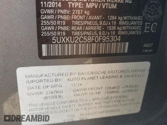 2015 BMW X6 xDrive35i with VIN 5UXKU2C58F0F95304, listed as a Copart auction lot 64668453 with 141,413 mi miles. Bid and sale history available at carsss.com. Image 15.
