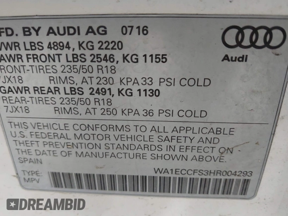 2017 Audi Q3 Premium с VIN WA1ECCFS3HR004293, выставлен на аукционе IAAI как лот 42198294 с пробегом 128 953 миль миль и . История ставок и продаж доступна на DreamBid. Изображение 9.
