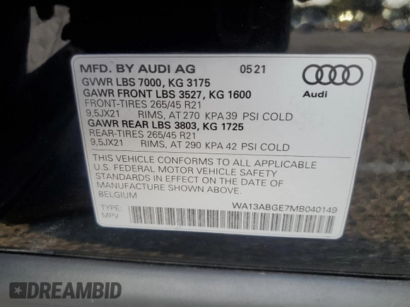 2021 Audi e-tron Sportback Prestige z VIN WA13ABGE7MB040149, wystawiony jako Copart lot #89213745 z przebiegiem 13 496 mil mil oraz Szkody całkowita. Historia ofert i sprzedaży dostępna na DreamBid. Obrazek 13.