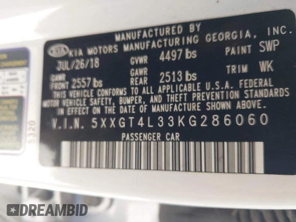 2019 Kia Optima LX with VIN 5XXGT4L33KG286060, listed as a IAAI auction lot 41758674 with Not Provided miles and . Bid and sale history available at carsss.com. Image 9.