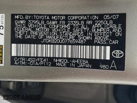 2007 Toyota Prius with VIN JTDKB20U077659487, listed as a Copart auction lot 42977135 with 191,586 mi miles and Salvage Title. Bid and sale history available at DreamBid. Image 14.