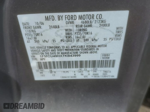 2007 Ford Escape Hybrid with VIN 1FMCU49HX7KB43999, listed as a Copart auction lot 53320974 with 203,002 mi miles and Non Repairable. Bid and sale history available at carsss.com. Image 15.