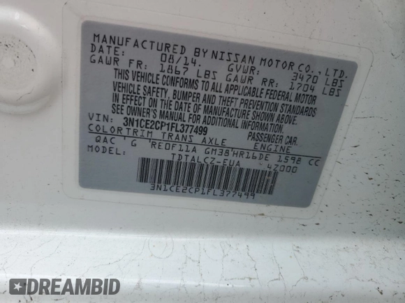 2015 Nissan Note S z VIN 3N1CE2CP1FL377499, wystawiony jako Copart lot #58323215 z przebiegiem 110 349 mil mil oraz Szkoda całkowita • Salvage title. Historia ofert i sprzedaży dostępna na DreamBid. Obrazek 13.