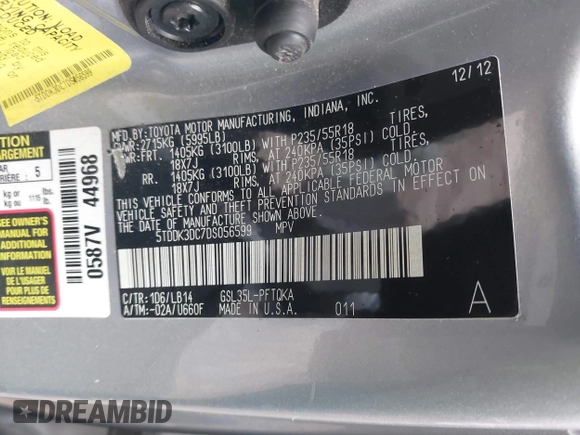 2013 Toyota Sienna XLE with VIN 5TDDK3DC7DS056599, listed as a IAAI auction lot 41736510 with 120,230 mi miles and . Bid and sale history available at DreamBid. Image 9.