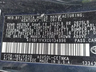 2012 Toyota Camry L with VIN 4T1BF1FKXCU134996, listed as a IAAI auction lot 42054535 with 185,391 mi miles. Bid and sale history available at carsss.com. Image 9.