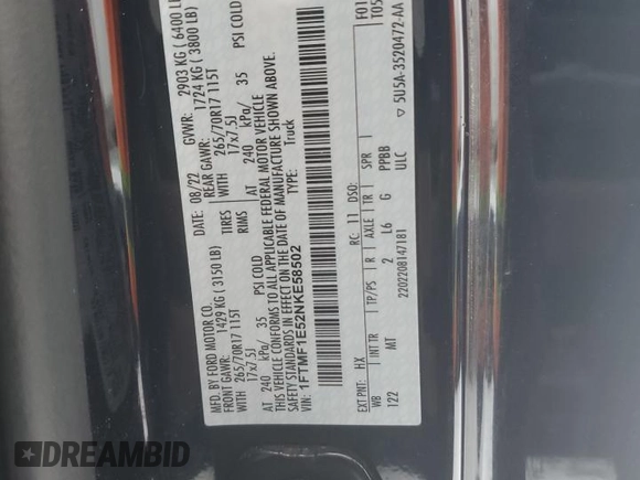 2022 Ford F-150 XL with VIN 1FTMF1E52NKE58502, listed as a Copart auction lot 87364464 with Not Provided miles and Salvage Title. Bid and sale history available at DreamBid. Image 12.