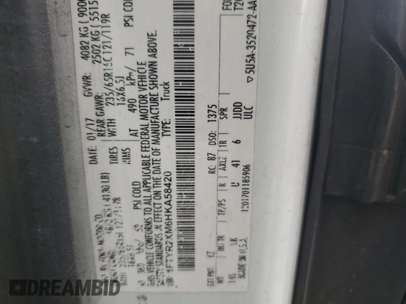 2017 Ford Transit z VIN 1FTYR2XM6HKA58420, wystawiony jako Copart lot #54891555 z przebiegiem 395 259 mil mil oraz Szkoda całkowita • Salvage title. Historia ofert i sprzedaży dostępna na DreamBid. Obrazek 13.