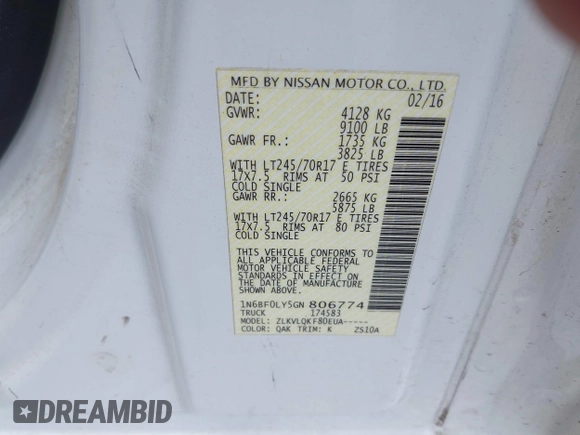 2016 Nissan NV SV with VIN 1N6BF0LY5GN806774, listed as a IAAI auction lot 42176032 with 172,825 mi miles and . Bid and sale history available at DreamBid. Image 9.
