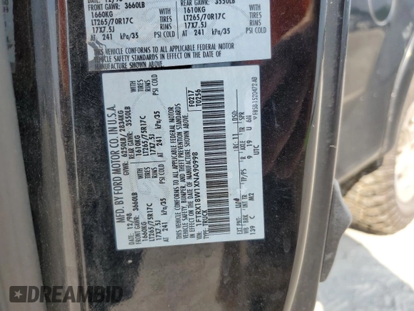 1999 Ford F-150 with VIN 1FTRX18W1XNA90998, listed as a Copart auction lot 59217415 with Not provided miles and Salvage title. Bid and sale history available at DreamBid. Image 12.