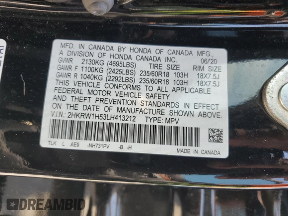 2020 Honda CR-V EX with VIN 2HKRW1H53LH413212, listed as a Copart auction lot 57423095 with 143,553 mi miles and Salvage title. Bid and sale history available at DreamBid. Image 14.