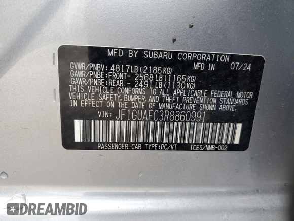 2024 Subaru Impreza Sport with VIN JF1GUAFC3R8860991, listed as a Copart auction lot 42700595 with 202 mi miles and Salvage Title. Bid and sale history available at carsss.com. Image 14.