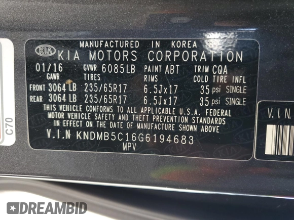 2016 Kia Sedona LX with VIN KNDMB5C16G6194683, listed as a Copart auction lot 47828165 with 155,320 mi miles and Salvage Title. Bid and sale history available at carsss.com. Image 14.