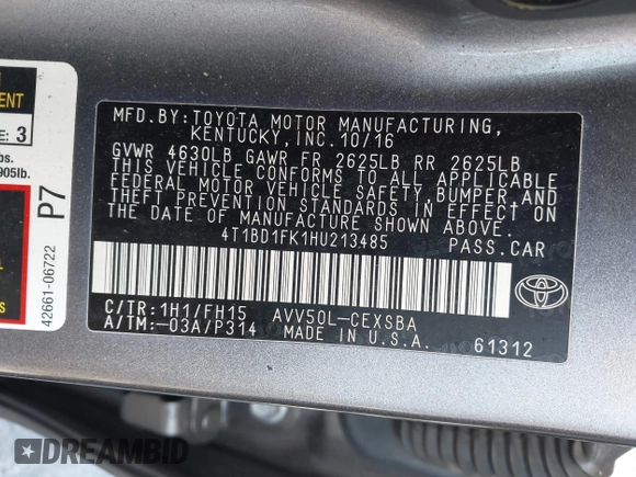 2017 Toyota Camry Hybrid LE with VIN 4T1BD1FK1HU213485, listed as a IAAI auction lot 41860762 with 128,827 mi miles. Bid and sale history available at carsss.com. Image 9.