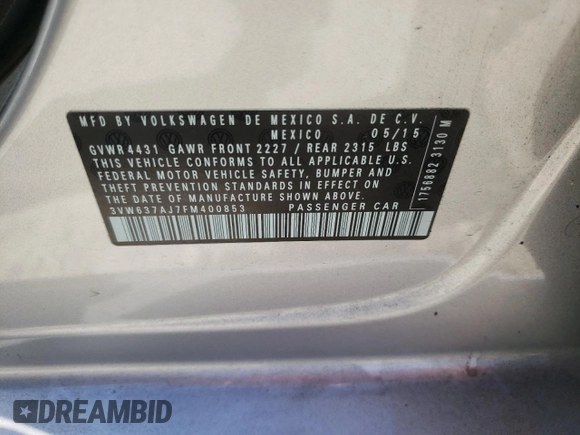 2015 Volkswagen Jetta Sedan Hybrid SEL Premium with VIN 3VW637AJ7FM400853, listed as a Copart auction lot 74588603 with 36,030 mi miles. Bid and sale history available at carsss.com. Image 14.
