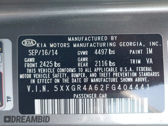 2015 Kia Optima SX Turbo with VIN 5XXGR4A62FG404441, listed as a IAAI auction lot 41662646 with 185,977 mi miles. Bid and sale history available at carsss.com. Image 9.