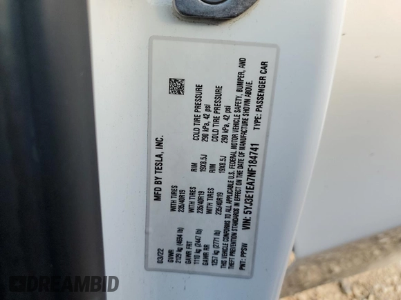 2022 Tesla Model 3 with VIN 5YJ3E1EA7NF184741, listed as a Copart auction lot 82487494 with 133,215 mi miles and Clean Title. Bid and sale history available at DreamBid. Image 12.