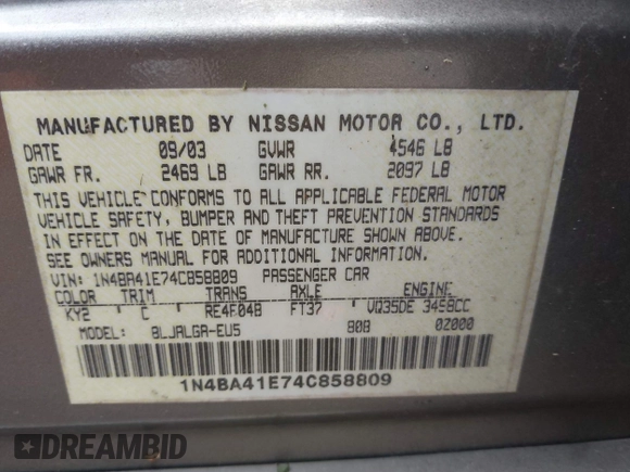 2004 Nissan Maxima SE with VIN 1N4BA41E74C858809, listed as a IAAI auction lot 42436562 with 198,105 mi miles and . Bid and sale history available at DreamBid. Image 9.