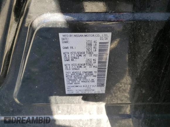 2016 Nissan Pathfinder S with VIN 5N1AR2MM5GC622732, listed as a Copart auction lot 49073495 with 108,028 mi miles and Non repairable. Bid and sale history available at DreamBid. Image 14.