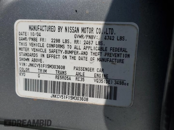 2005 Infiniti G35 with VIN JNKCV51F15M303608, listed as a Copart auction lot 51694325 with 186,375 mi miles and Salvage Title. Bid and sale history available at DreamBid. Image 12.