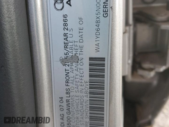 2005 Audi allroad A6 V8 with VIN WA1YD64BX5N006740, listed as a Copart auction lot 85575884 with 156,730 mi miles and Salvage Title. Bid and sale history available at DreamBid. Image 13.