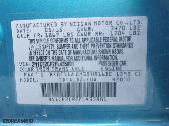 2015 Nissan Versa Note S with VIN 3N1CE2CP2FL435801, listed as a IAAI auction lot 41846568 with 110,171 mi miles. Bid and sale history available at carsss.com. Image 9.
