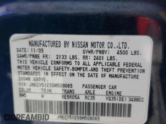 2006 Infiniti G35 with VIN JNKCV51E56M508065, listed as a Copart auction lot 77282444 with 180,041 mi miles and Clean Title. Bid and sale history available at DreamBid. Image 12.