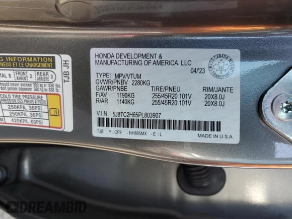 2023 Acura RDX w/A-Spec Package with VIN 5J8TC2H65PL803907, listed as a Copart auction lot 50797325 with 50,963 mi miles and Salvage title. Bid and sale history available at DreamBid. Image 14.
