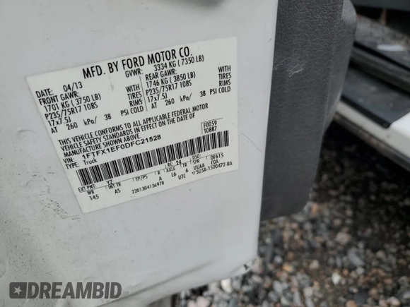 2013 Ford F-150 XL with VIN 1FTFX1EF0DFC21528, listed as a Copart auction lot 42721845 with Not provided miles and Salvage title. Bid and sale history available at DreamBid. Image 12.