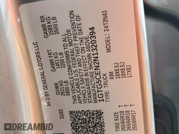 2022 GMC Canyon 2WD Elevation with VIN 1GTG5CEN2N1320394, listed as a Copart auction lot 59547305 with Not provided miles and Salvage title. Bid and sale history available at DreamBid. Image 13.