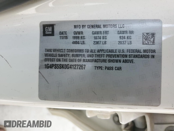 2016 Buick Verano Group с VIN 1G4PS5SK0G4127267, выставлен на аукционе Copart как лот 57273985 с пробегом 168 578 миль миль и Списание • Salvage title. История ставок и продаж доступна на DreamBid. Изображение 12.
