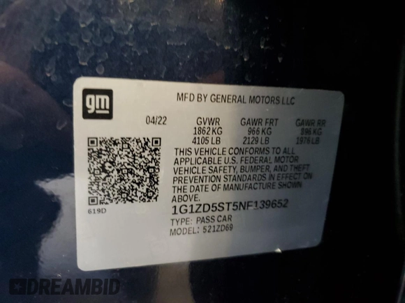 2022 Chevrolet Malibu LT with VIN 1G1ZD5ST5NF139652, listed as a Copart auction lot 55792625 with 49,091 mi miles and Clean Title. Bid and sale history available at DreamBid. Image 13.