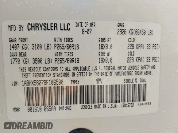 2008 Chrysler Aspen Limited with VIN 1A8HX58278F106500, listed as a IAAI auction lot 41265952 with 248,907 mi miles and . Bid and sale history available at DreamBid. Image 9.