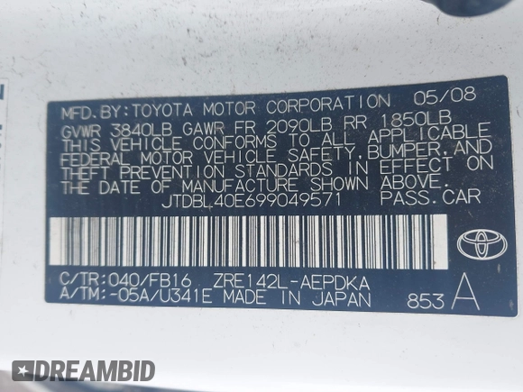 2009 Toyota Corolla с VIN JTDBL40E699049571, выставлен на аукционе IAAI как лот 42729815 с пробегом 169 517 миль миль и . История ставок и продаж доступна на DreamBid. Изображение 9.