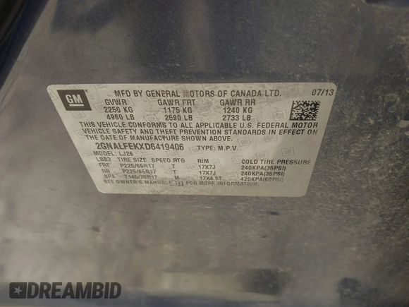 2013 Chevrolet Equinox LTZ with VIN 2GNALFEKXD6419406, listed as a IAAI auction lot 41370313 with 157,070 mi miles. Bid and sale history available at carsss.com. Image 9.