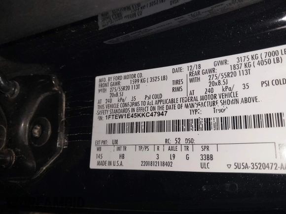 2019 Ford F-150 XL with VIN 1FTEW1E45KKC47947, listed as a IAAI auction lot 41078136 with 121,489 mi miles. Bid and sale history available at carsss.com. Image 9.
